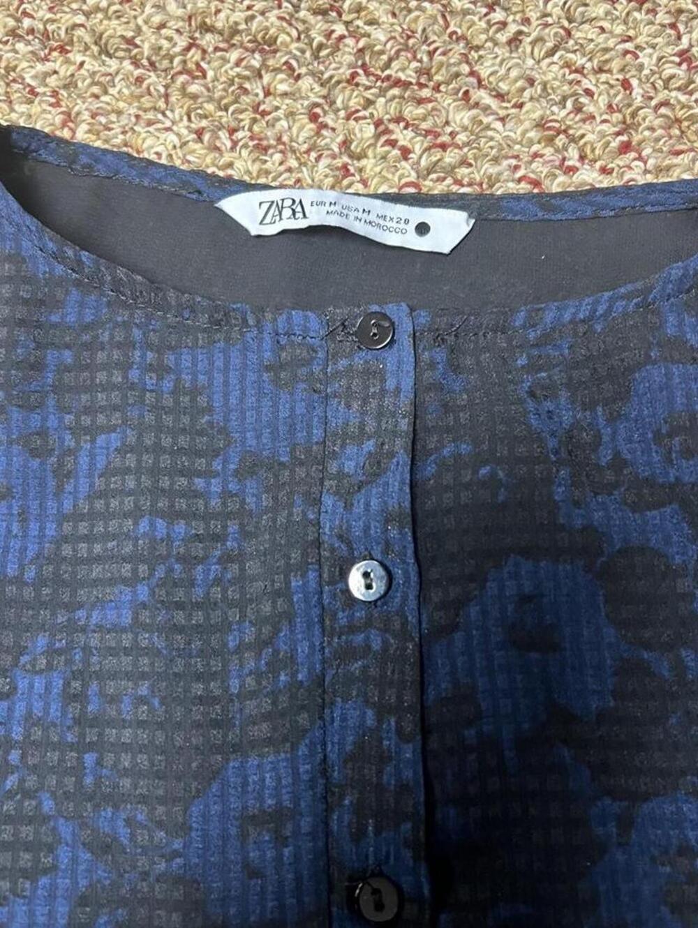 Zara Blue Floral Button-Up Tunic Top Medium Casual - Picture 3 of 4